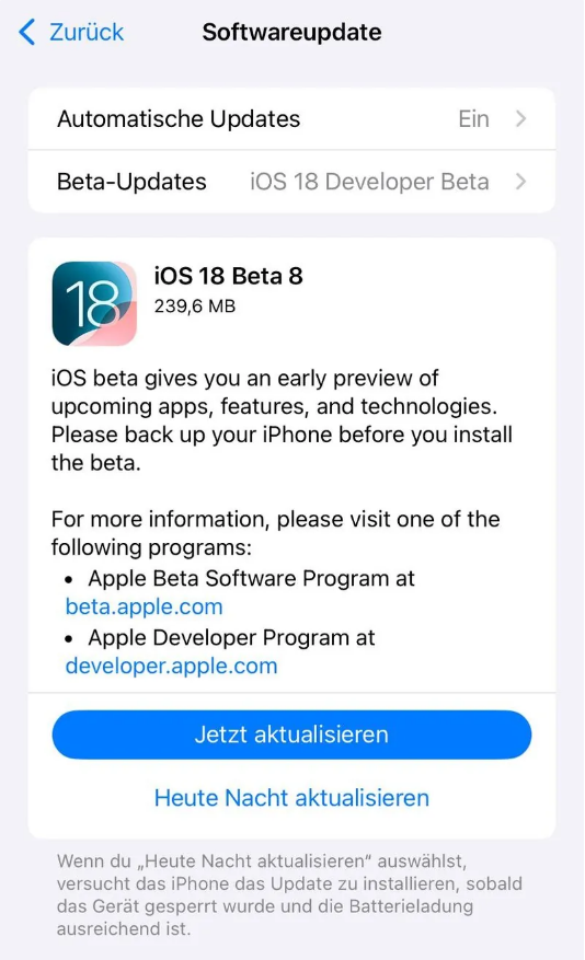 新市苹果手机维修分享苹果 iOS / iPadOS 18 开发者预览版 Beta 8 发布 